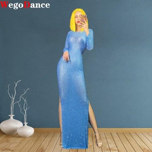 New Full Rhinestone Mesh Prom Dresses Evening Sexy Luxurious Birthday Wedding Singer Women