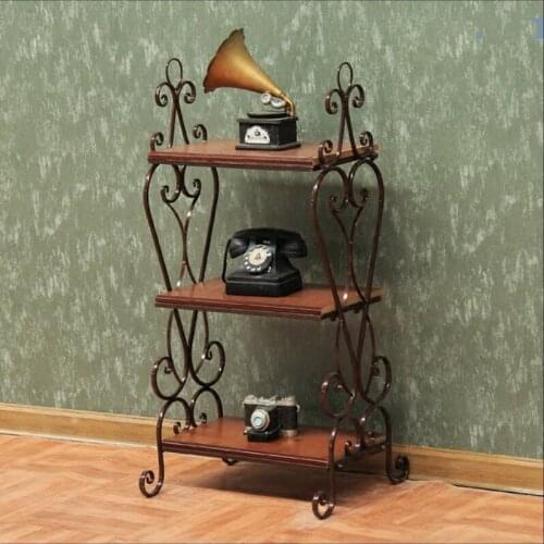 European Ground Iron Book Shelf Rack Shelf Vintage Multilayer Solid Wood Small Coffee Table Books Holder
