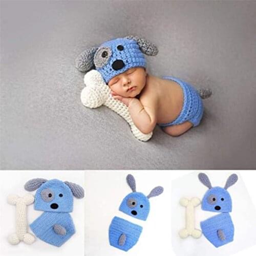 Newborn Baby Photo Props Outfits Crochet Knitted Blue Dog Hat Shorts with Bone Set for Boys Girls Photography Shoot (0-9 Months)
