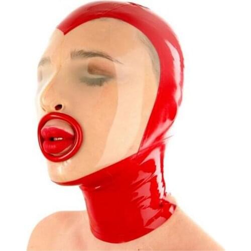 Handmade Sexy Exotic Lingerie Red Transparent Latex Full Face Hood with Crimping Mouth Rubber Fetish Hoods Back Zipper