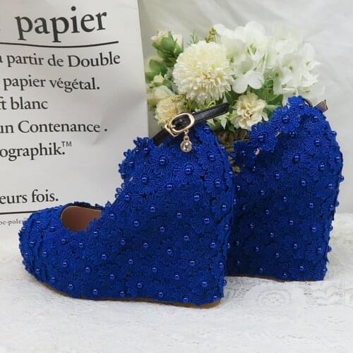 BaoYaFang Royal Blue Ankle Strap Wedding shoes high heels platform shoes Wedges Flower Woman Pumps High Shoes Buckle Round Toe