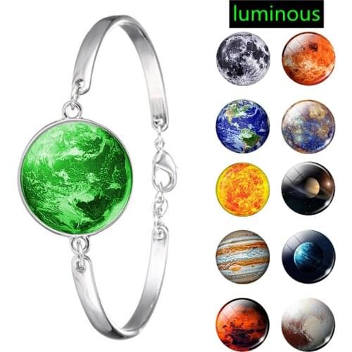 Luminous Solar System Bracelet Moon Earth Planet Glass Cabochon Bracelet Women Men Fashion Silver Plated Cuff Bangle