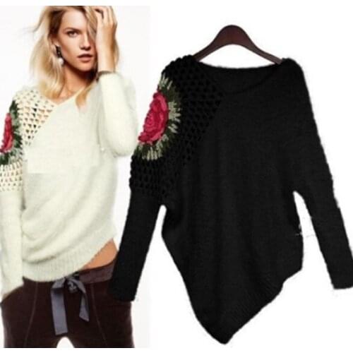 Woman Sweaters Lady Elegant Fashion Elastic Knitted Korea Tops Women Hollowed-out Rose Embroidery Velvet Irregular Sweater