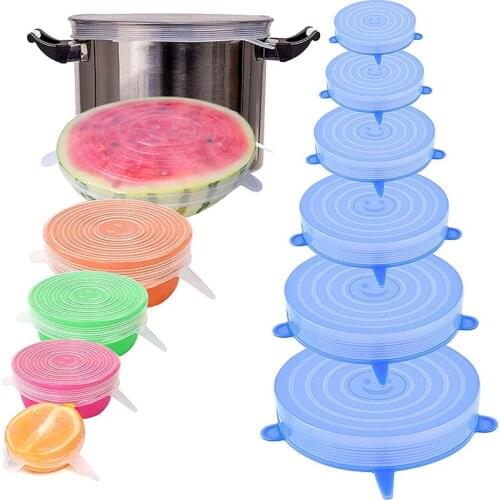 Teyaao 6pcs Reusable Silicone Caps Food Cover Adjustable Stretch Bowl Lids Kitchen Wrap Seal Fresh Keeping Cookware Accessories