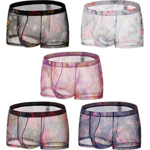 Men Underwear Boxers Sexy Floral Mesh Transparent See Through Shorts Lip Print Underpants Boxershorts Male Underwear Boxer Homme