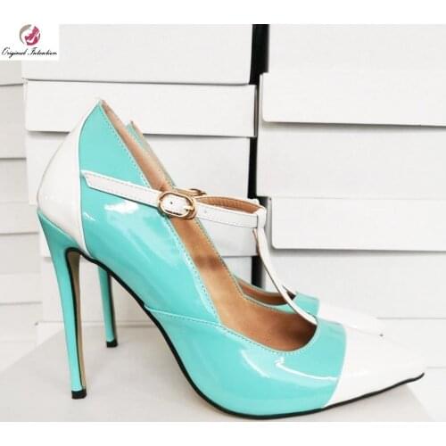 Ankle Buckle Strap Women Pumps White Blue Mixed Colors Leather High Heels Slender Bridal Wedding Shoes Pointed Toe Shallow Pumps
