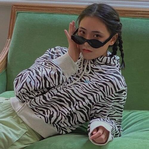 Korean crop hoodie women Autumn vintage zebra print long-sleeved zipper sweatshirt streetwear ulzzang Harajuku Slim outerwear