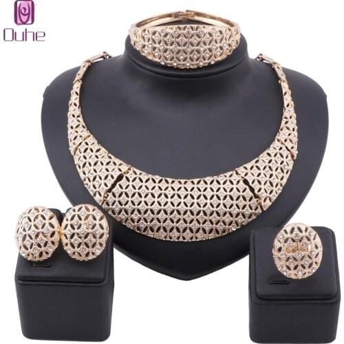 African Dubai Gold Color Crystal Necklace Bangle Earrings Ring Women Italian Bridal Wedding Accessories Jewelry Set