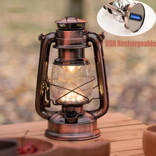 Vintage Camping Lantern Light Battery Rechargeable USB LED Outdoor Portable Lantern Stepless Dimming Tent Fishing Kerosene Lamp