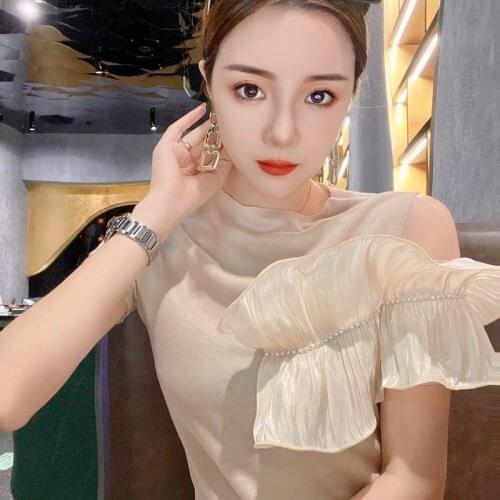 Ruffles Women T-shirt Korean Lady Kawaii Chiffon Asymmetrical Summer Tops High Street O-Neck 3D Flower Girls Tees All-match