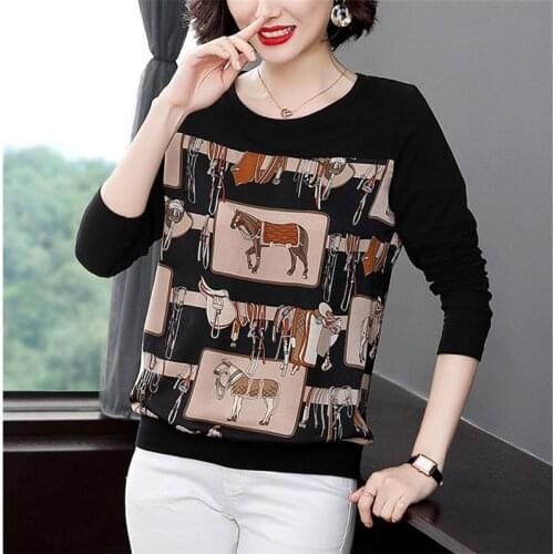 2021 Autumn Spring New O Neck Polyester Long Sleeve womens t-shirt Fashion Korean Style Animal Pattern Oversized t shirt