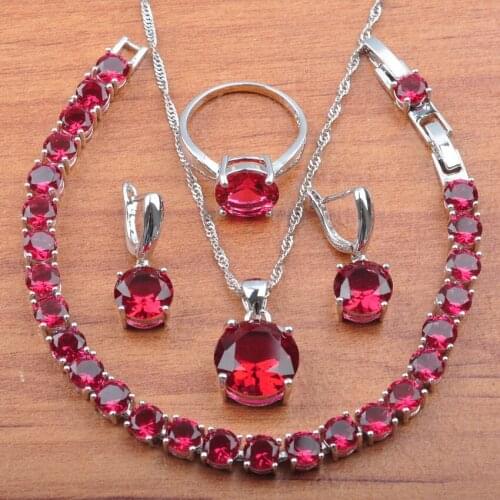 Classic Silver Plated Jewelry Sets Round Rose Red Crystal For Women Wedding Costume Earrings Ring Bracelet Sets JS0221
