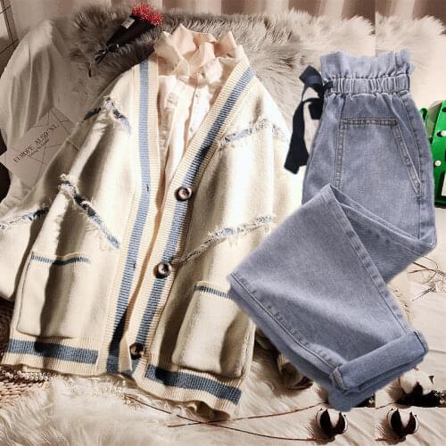 Women 2021 Autumn Fashion Two-piece Sets Female Loose Knitted Cardigan Jackets Ladies High Waist Loose Straight Jeans Suits P182