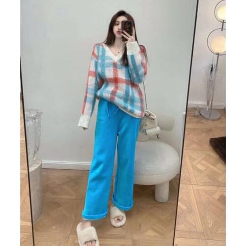 Fashion Retro Loose Casual Suit Contrast Color Plaid V-Neck Knitted Sweater + Corduroy Lace Up Casual Pants 2 Piece Set Women