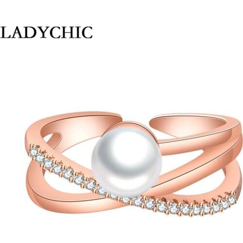 LADYCHIC Imitation Pearl Cross Open Ring for Women Trendy Romantic Cubic Zircon Rings Jewelry Gift Wholesale Anel Anillo LR1214