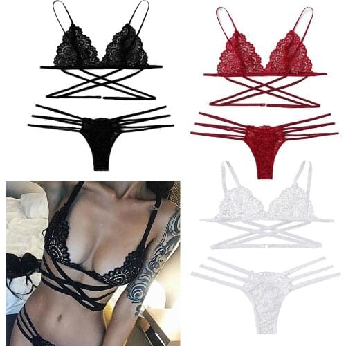 Womens Party Nightclub Sexy Lace Bandage Bra G-string Bikini Set Underwear Bikini Beach Swimwear Set