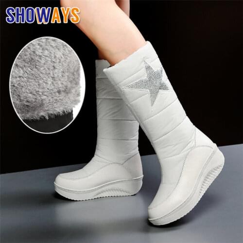 2021 Winter Genuine Leather Women Snow Boots Waterproof Down Warm Fur Wedge Platform Flat Casual Rhinestone Star Mid-calf Boots