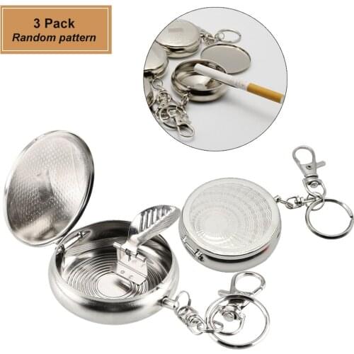 3 Pcs Pocket Ashtray with Keychain Mini Portable pocket Mobile Car Stainless Steel Ashtray（Random Pattern
