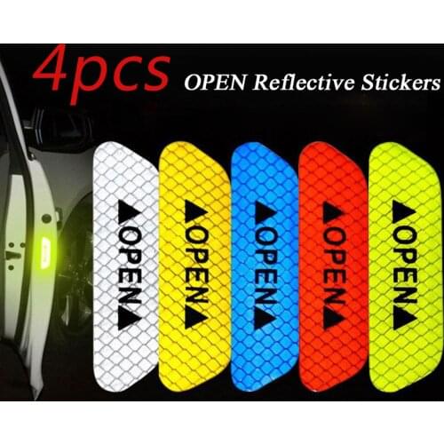 4Pcs Car Door Reflective Stickers Safety Warning Mark OPEN Tape Motorcycle Bike Auto Universal Sticker Decal