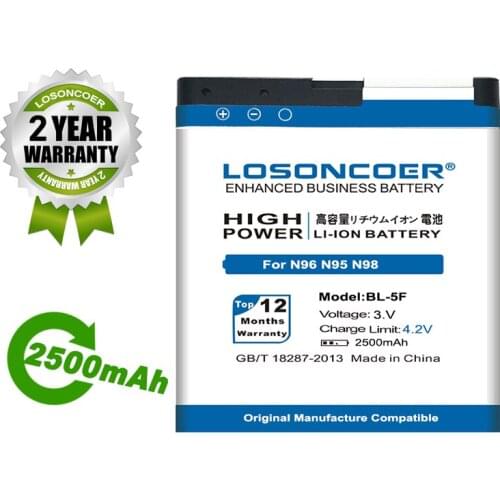 LOSONCOER Battery 2500mAh BL-5F Battery For Nokia 6290 E65 N93i 6210 N96 6210S 6710N N95 N98 Battery