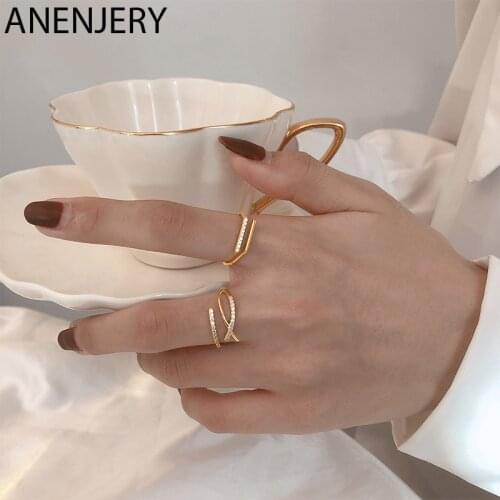 ANENJERY 925 Sterling Silver Double Layer Cross Open Rings for Women Gold Color Shiny Cubic Zircom Geometric Line Rings S-R939