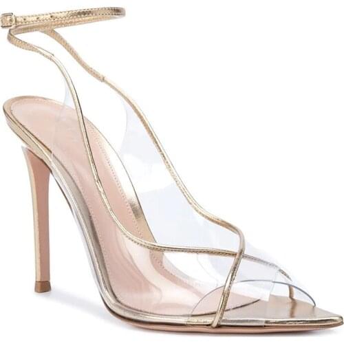Summer plus size pointed toe transparent PVC slingback buckle sandals with straps banquet dress stiletto heels all-match women