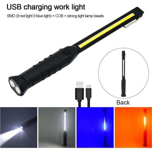 COB Long Strip Work Light Waterproof LED Inspection Light Red and Blue Flash Flashlight Magnet Hook For Car Repair Night Work