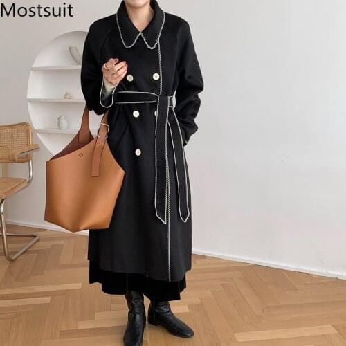 Double Breasted Belted Woolen Women Long Coat 2020 Winter Color-blocked Korean Elegant Ladies Overcoat Outwear Femme