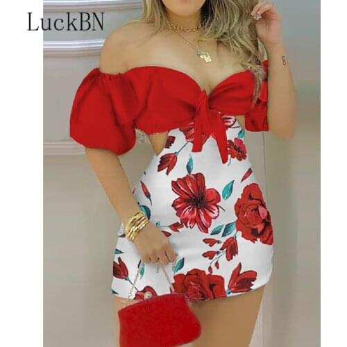 Summer Fashion Holiday Floral Print Off Shoulder Knotted Puff Sleeve Skinny Shorts Skorts Fairy Casual One Piece Women Romper