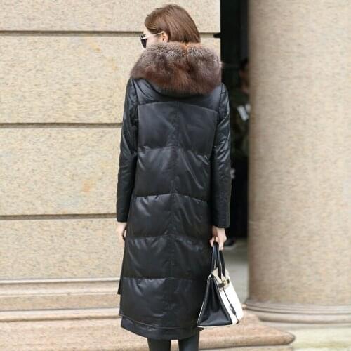 Leather Jacket Winter Coat Women Fox Fur Collar Down Jacket Women Real Sheepskin Coat Female Long Coats Manteau Femme MY