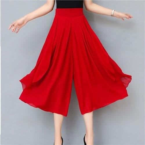 Summer New Plus Size Women Chiffon Cropped Trousers Loose Thin Wide Leg Pants High Waist Elastic Elegant Skirt Pants 5XL H1317