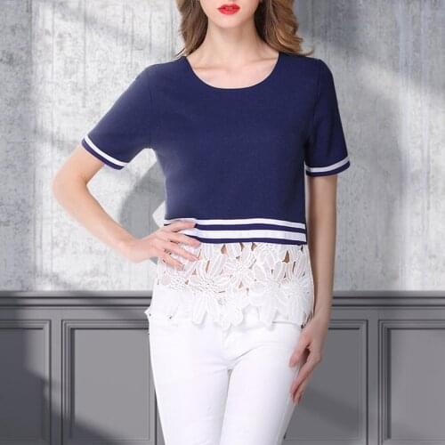 Kili Womens Fashion All-Match Round Neck Lace Stitching Short-Sleeved T-Shirt Navy Blue