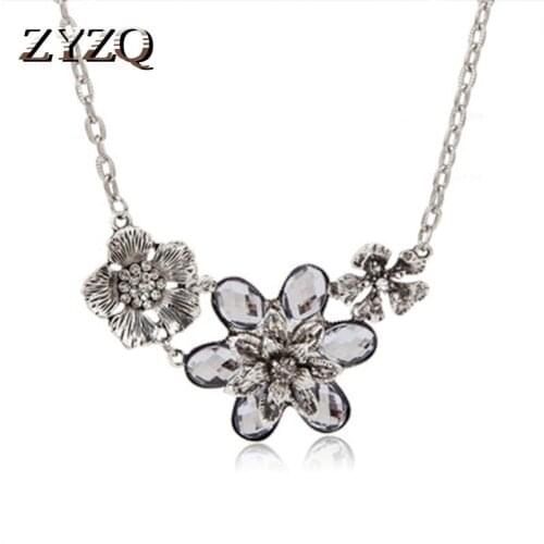 ZYZQ Trendy Hyperbole Vintage Flower Necklace With Clear Crystal Stone Personality Triple Flower Design Euro Stylish Necklace