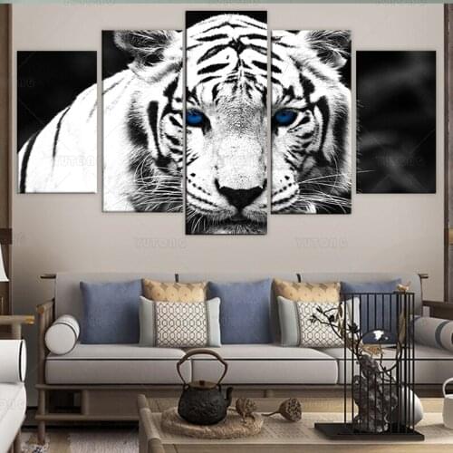 5 panel canvas wall art Modular Picture White Tiger Paintings for living room print decoration poster picture framed