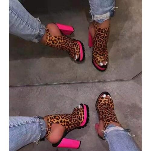 New Spring High Heels Womens Boots Nightclub Sandals Leopard Thick Heels Comfortable Platform Open Toe Sandals Wedding Shoes