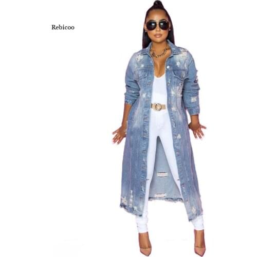 New Women Fashion Sexy Hole Cotton Long Denim Jacket Trench Coat Cardigan Jeans Cape Plus Size Long Sleeve Coat