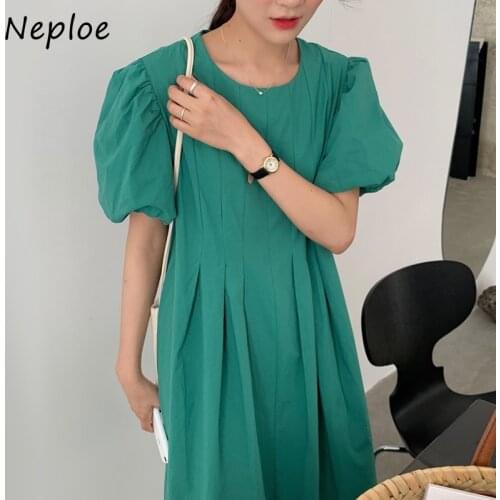 Neploe O Neck Puff Short Sleeve Solid Dress Women High Waist Hip A Line Long Vestidos Summer 2021 New Candy Color Robe Wild
