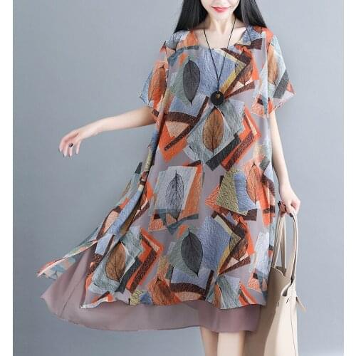 WSYORE Large Size 4XL Ladies Mother Loose Printed Dress Women 2021 New Summer Vintage Short-sleeve Chiffon Dresses Female NS1271