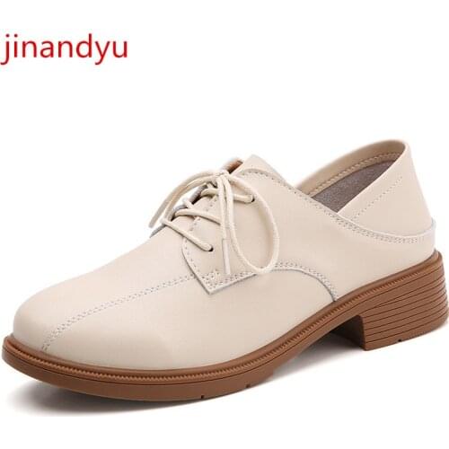 Platforms Genuine Leather Pumps Women Block Heels Lace Up Beige Black Shoes Fashion Casuales Comfy British Style Chunky Heels