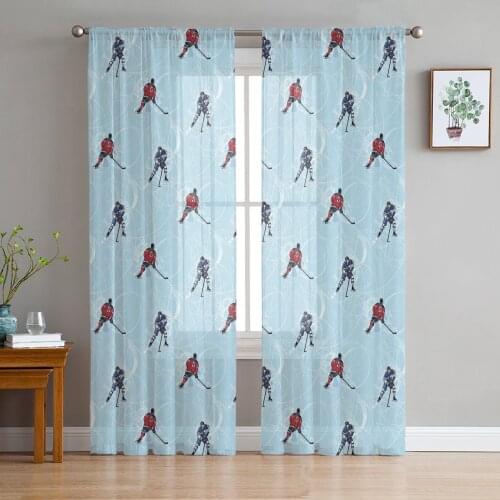 Hockey Player Ice Skating Tulle Sheer Window Curtains for Living Room Kitchen Children Bedroom Voile Hanging Curtain
