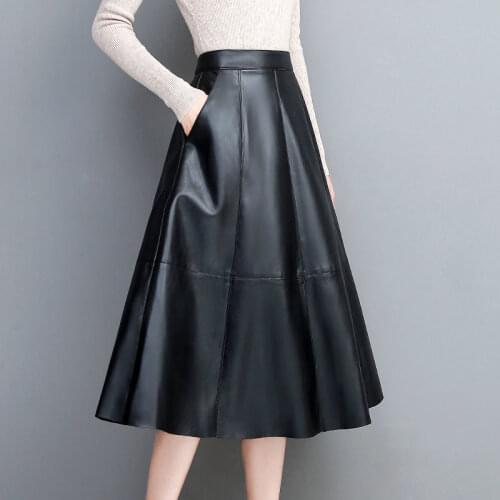 2021 Woman Leather Skirt Female A Line Plus Size Knee High Waist Autumn Winter Skirts Ladies Fashion Streetwear Skirts H899