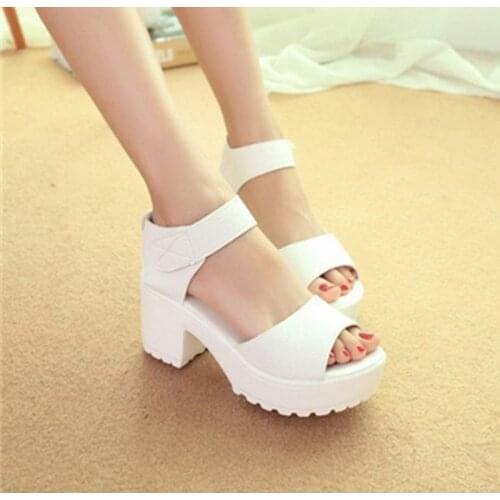 Women Sandals Shoes PU Leather Hook & Loop Classics Shallow 7cm Thick High Heels Platform Solid Lady Casual Female Pumps Shoes