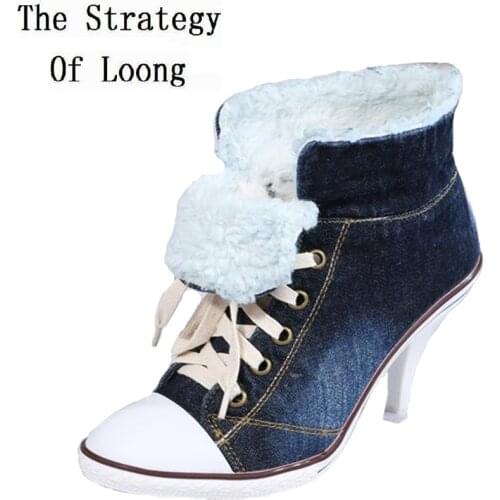Pointed Toe Lace-up Women Denim Ankle Boots Thick Warm Lady High Heels Short Boots Plus Size 41 42 Big Size Jean Shoes