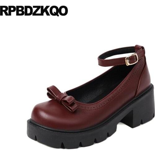 10 42 Wine Red Ladies Lolita Fashion Shoes Brogue 11 43 Round Toe Platform Ankle Strap Cute High Heels Bow Pumps Big Size Chunky
