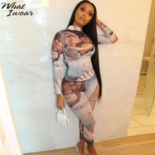 Women Casual two piece set Angel Print Fitness clothes Tracksuit Elastic Long Sleeve top and Leggings Athleisure Outfit