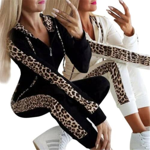 2Pcs Women Casual Autumn Leopard Print Zipper Hoodie Jacket Pants Sports Suit Sportswear Gym Cloth Long Sleeve Set