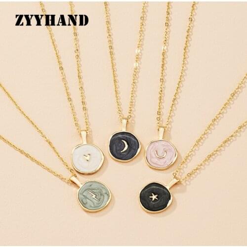 Golden Color Enameled Women Necklace Round Shape Simple Style Cross Chain Star Moon Heart Girl Party Romantic Jewelry