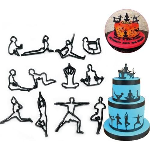 12PCS Plastic Yoga Figures Silhouette Cookie Cutter Yoga Fondant Biscuit Mold Cutters Cake Decorating Tools Baking Cake Mold