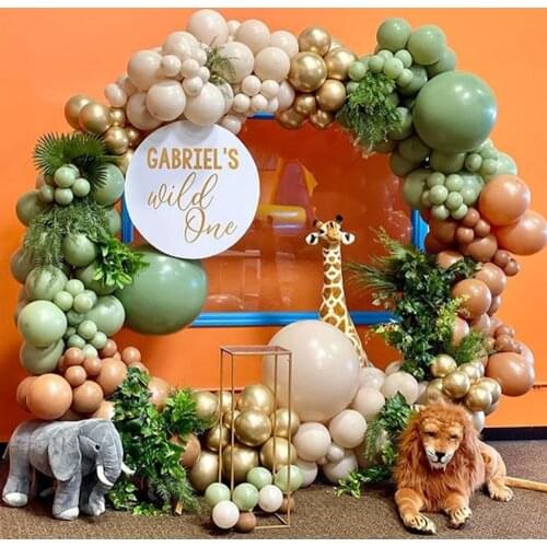 134pcs Caramel Coffee Balloon Garland Arch Kit Chrome Gold Sage Green Globos Safari Baby Shower Kids Wild One 1st Birthday Decor