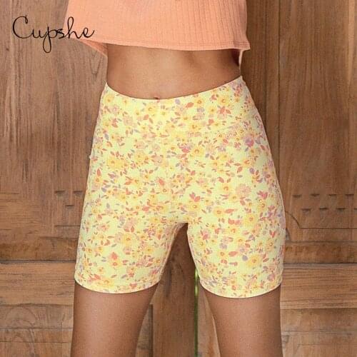 CUPSHE Yellow Floral Short Leggings For Woman Casual Fitness Leggings Tight Sports Yoga Shorts 2021 Bodycon Pants Sportswear